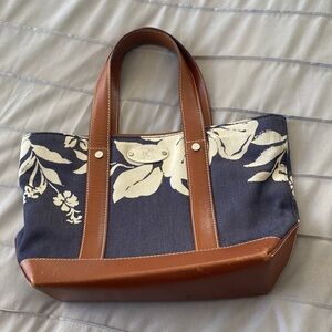 Floral Canvas Tote Bag with Brown Leather Trim